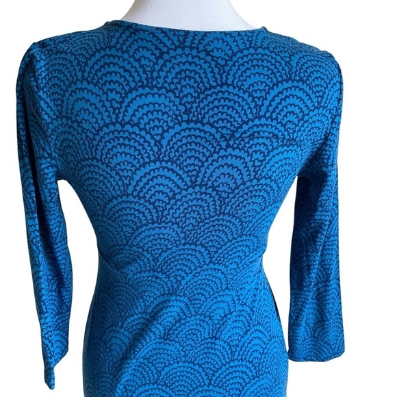 Boden Jersey Stretch Faux Wrap Blue Scallop Midi Dress Fit & Flare Empire Waist - Picture 6 of 16